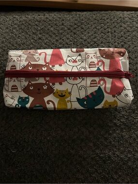 Hand Crafted Cat Pattern Pencil Case in Cream, Brown, Yellow, Teal & Pink